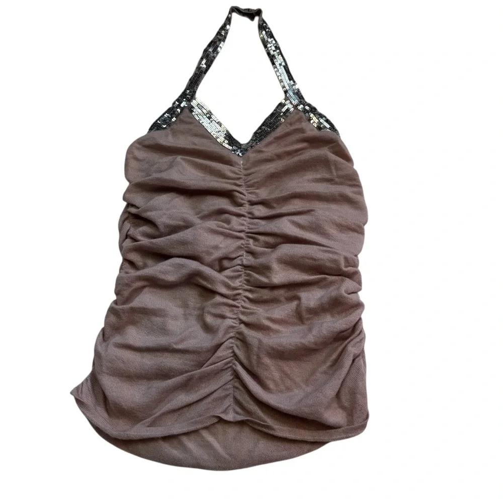 LaROK Cashmere Halter Top Size Medium Dusty Pink Mauve Sequin Trim Ruching NWOT - Picture 10 of 12
